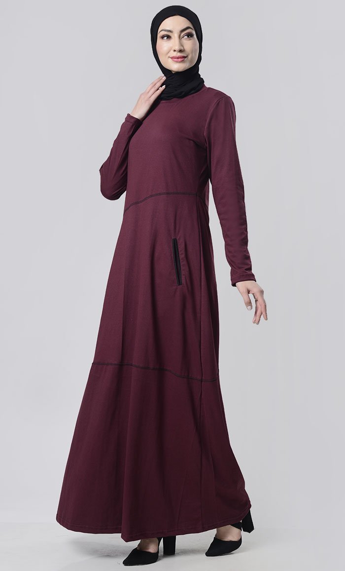 Simple Top Stitch Detailed Abaya With Pockets
