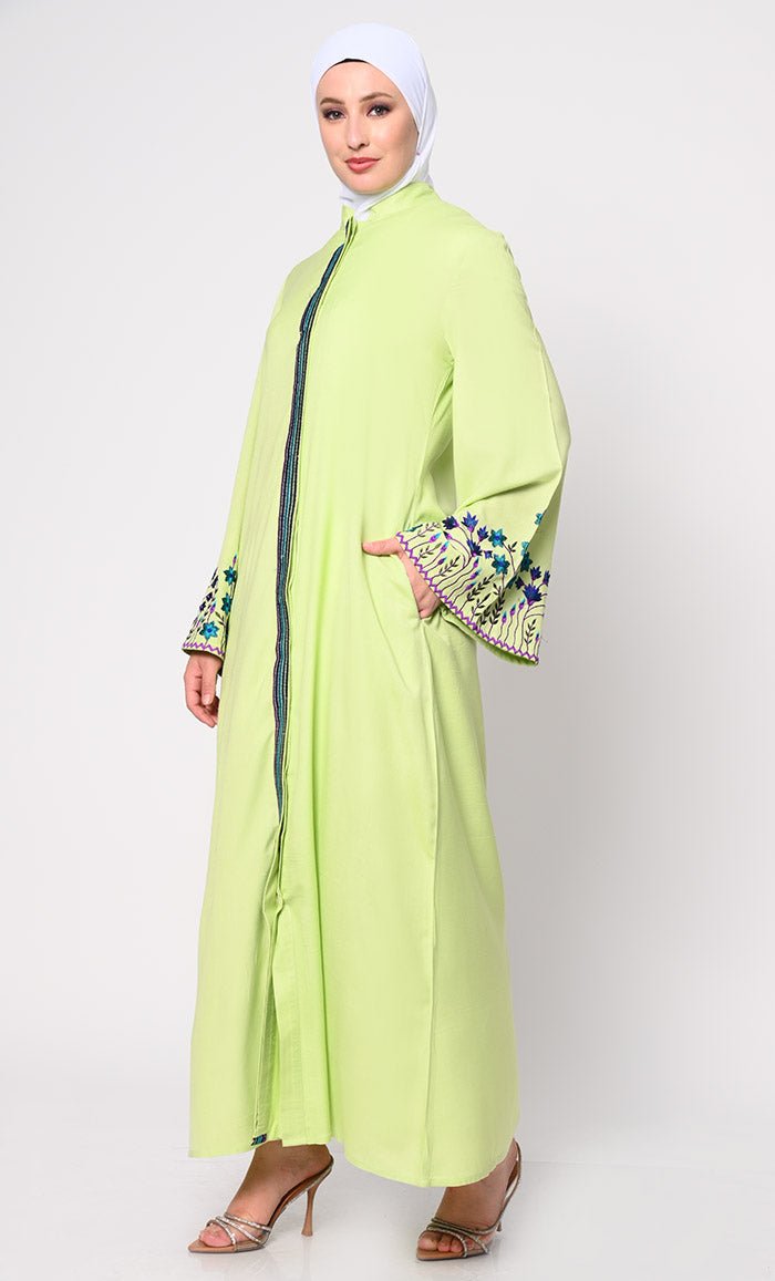 Hidden Placket Pista Green Abaya with Silk Embroidery