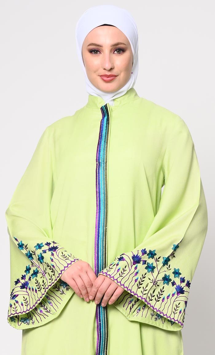 Hidden Placket Pista Green Abaya with Silk Embroidery