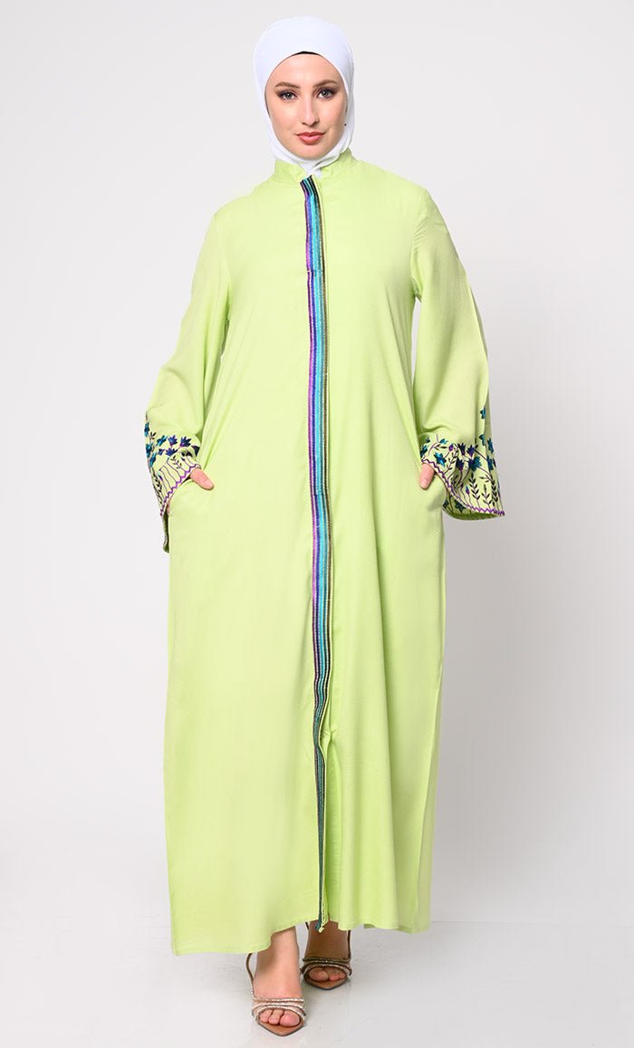 Hidden Placket Pista Green Abaya with Silk Embroidery
