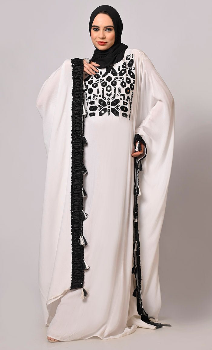 Stunning  Mirror Embroidered White Kaftan with Tassels