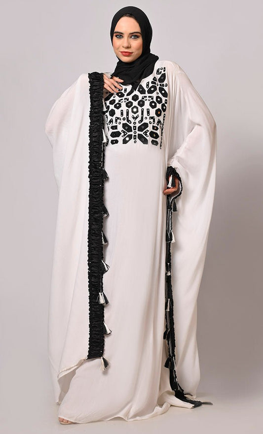 Stunning  Mirror Embroidered White Kaftan with Tassels