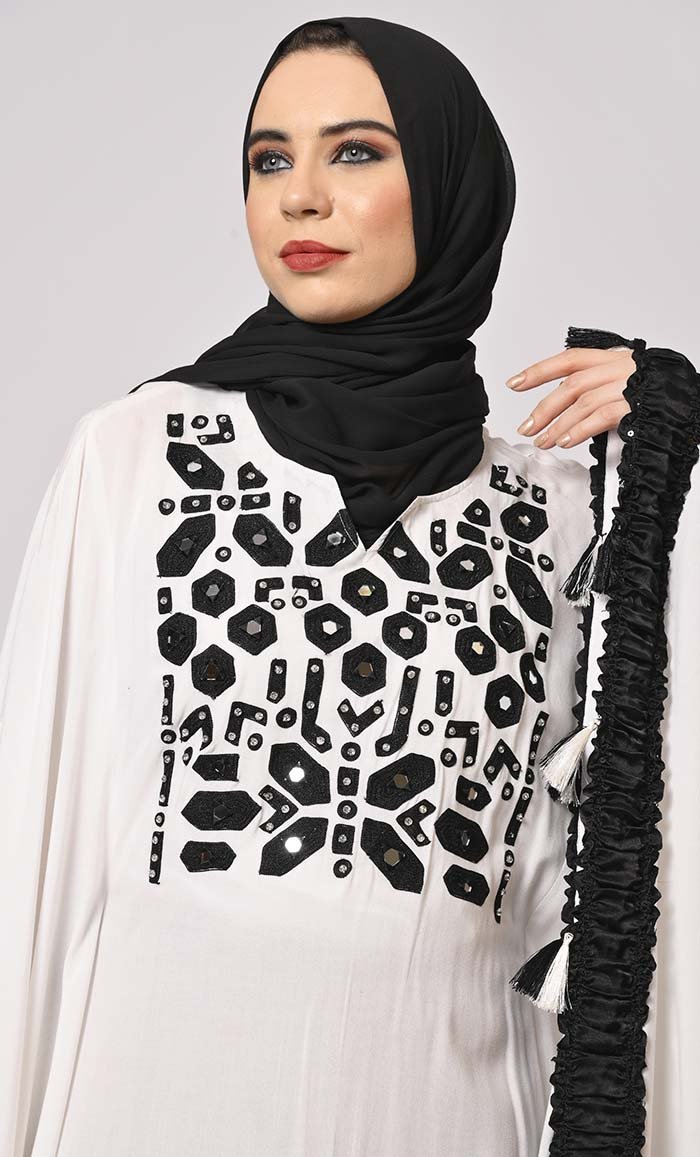 Stunning  Mirror Embroidered White Kaftan with Tassels