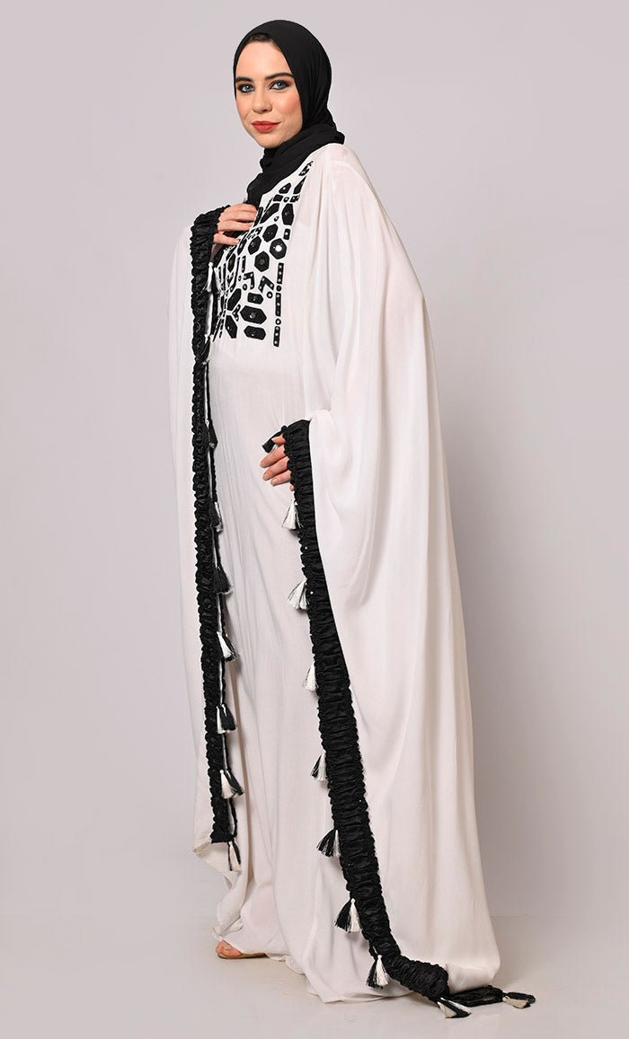 Stunning  Mirror Embroidered White Kaftan with Tassels