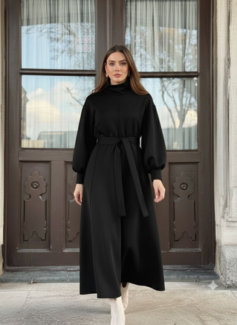 Black Turtleneck Belted Modest Maxi Dress – Winter Modest Dress