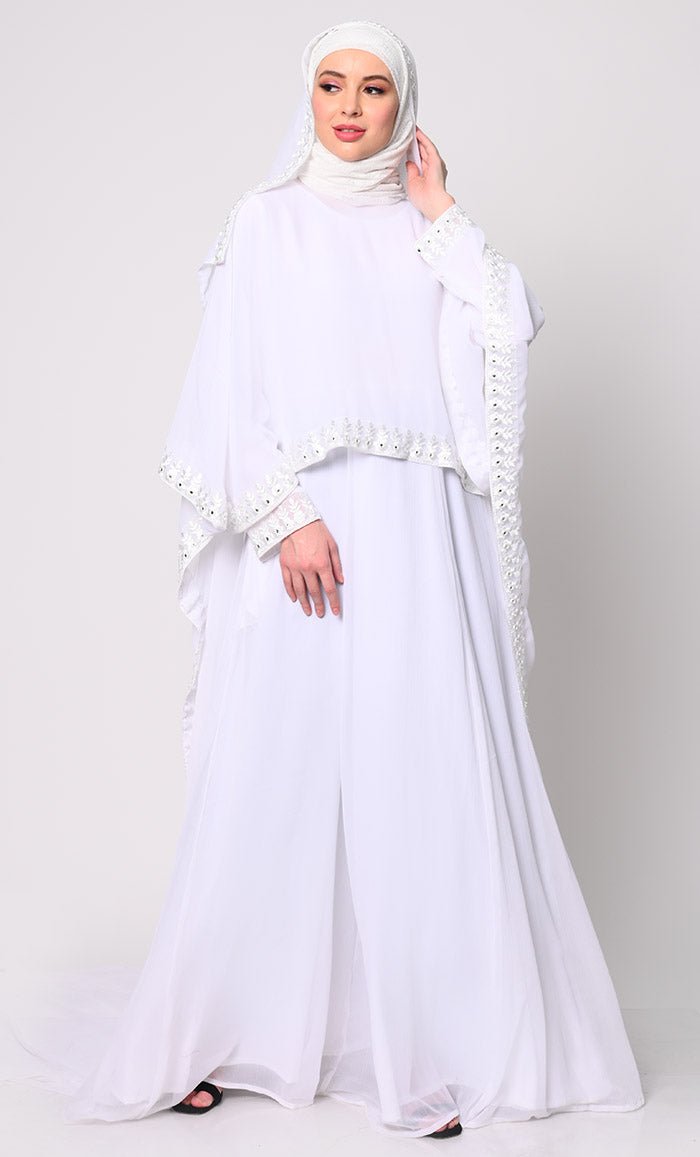 Timeless Beauty 3Pc White Embroidered Abaya and Dupatta