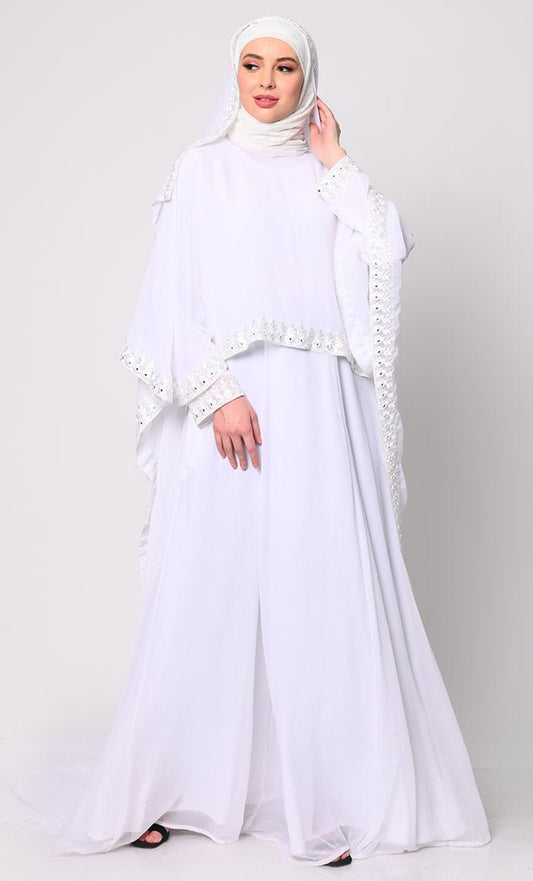 Timeless Beauty 3Pc White Embroidered Abaya and Dupatta