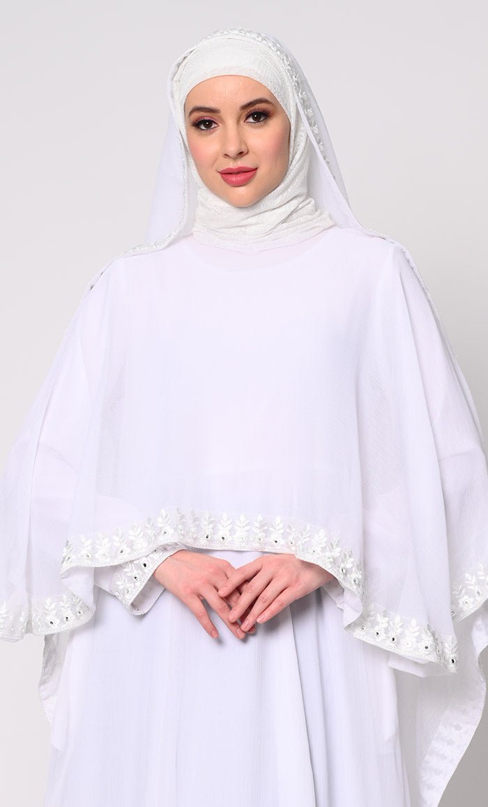 Timeless Beauty 3Pc White Embroidered Abaya and Dupatta