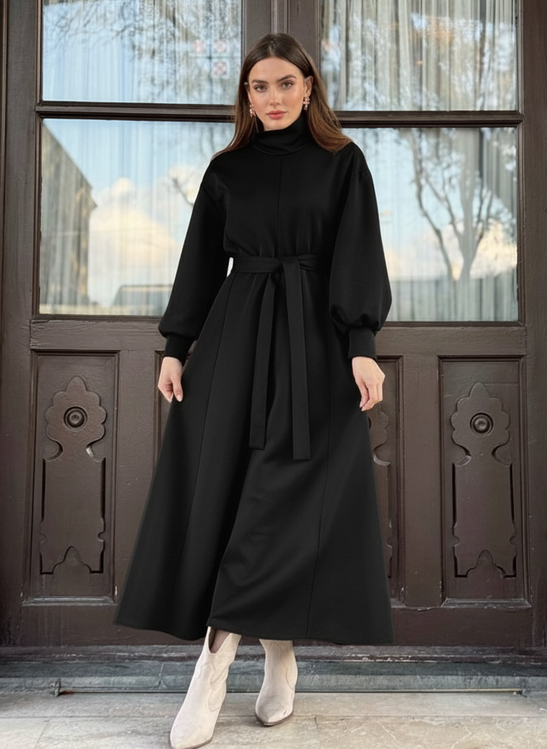 Black Turtleneck Belted Modest Maxi Dress – Winter Modest Dress