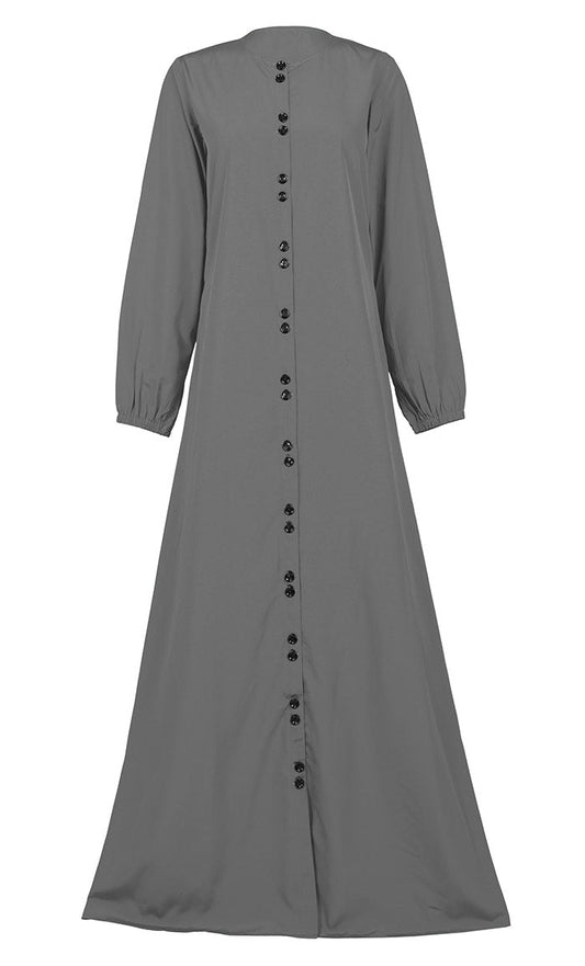 Women's Comfortable Grey Kashibo Basic Button Down Abaya
