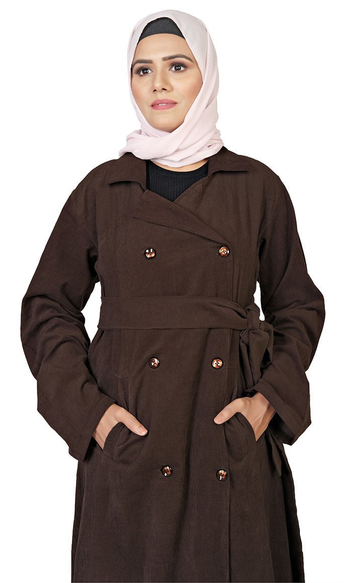 Women's Islamic Corduroy Overlaped Jacket With adjustable Belt