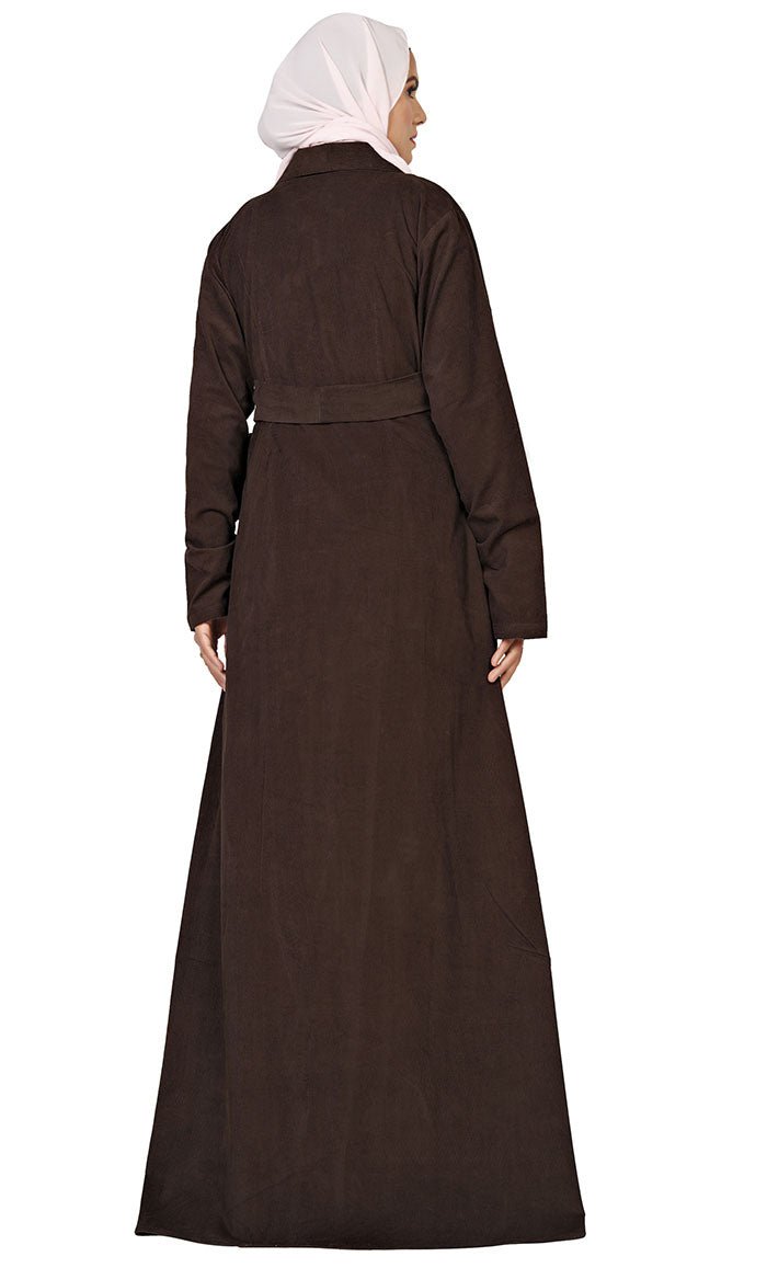 Women's Islamic Corduroy Overlaped Jacket With adjustable Belt