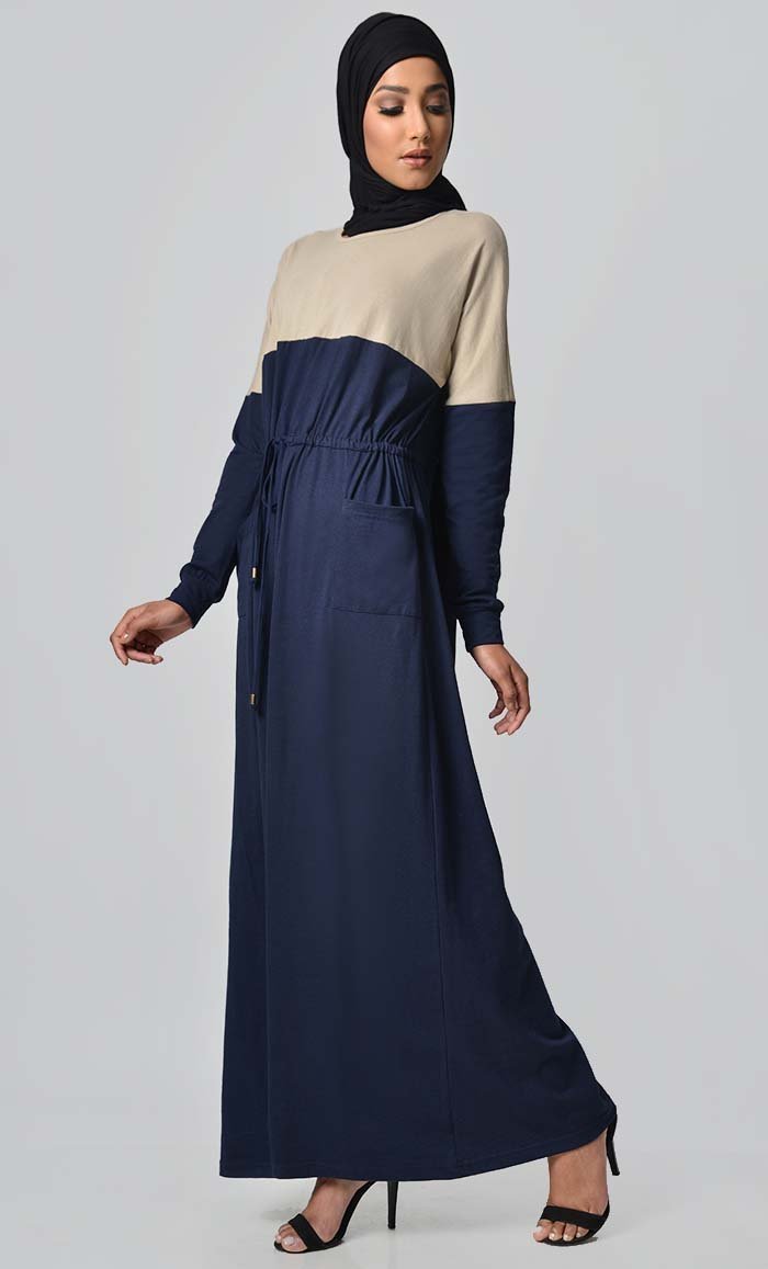 Yoke Colorblocked Jersey Abaya-Navy