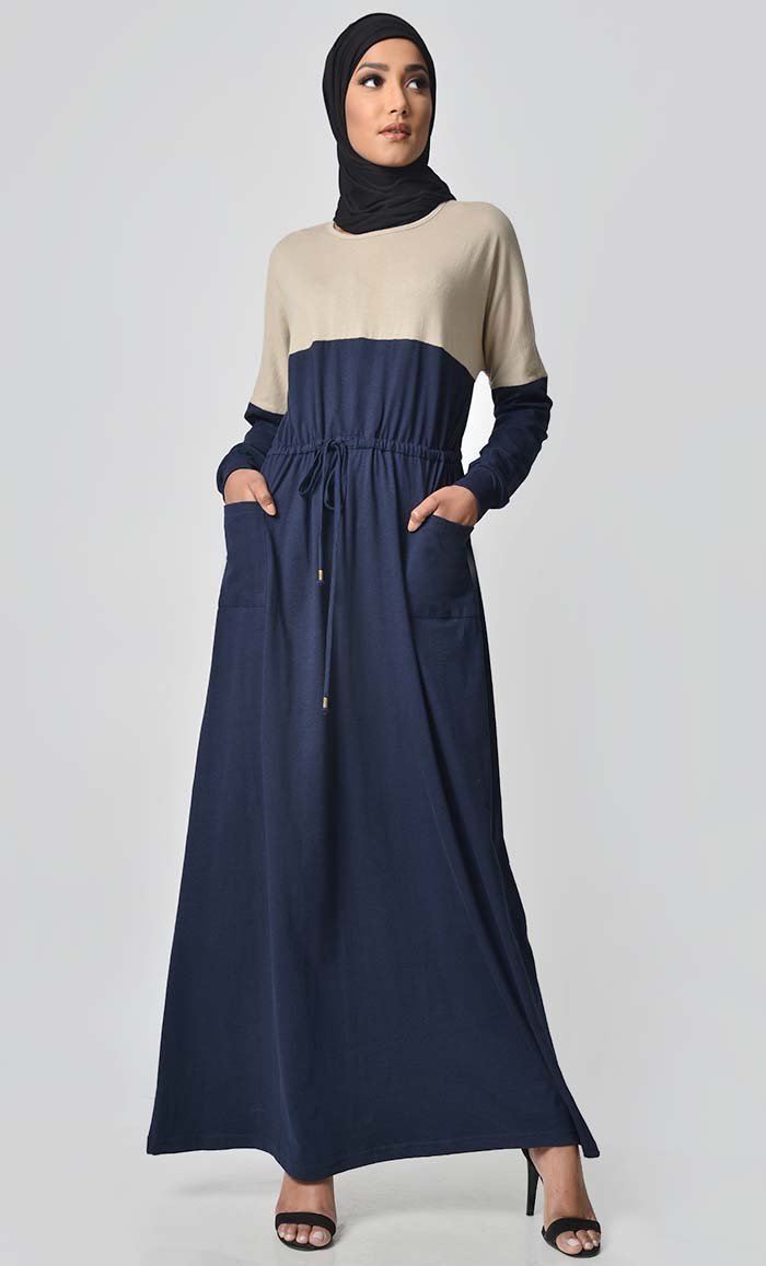 Yoke Colorblocked Jersey Abaya-Navy